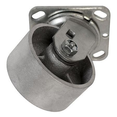 Angled bottom view of swivel caster with silver wheel